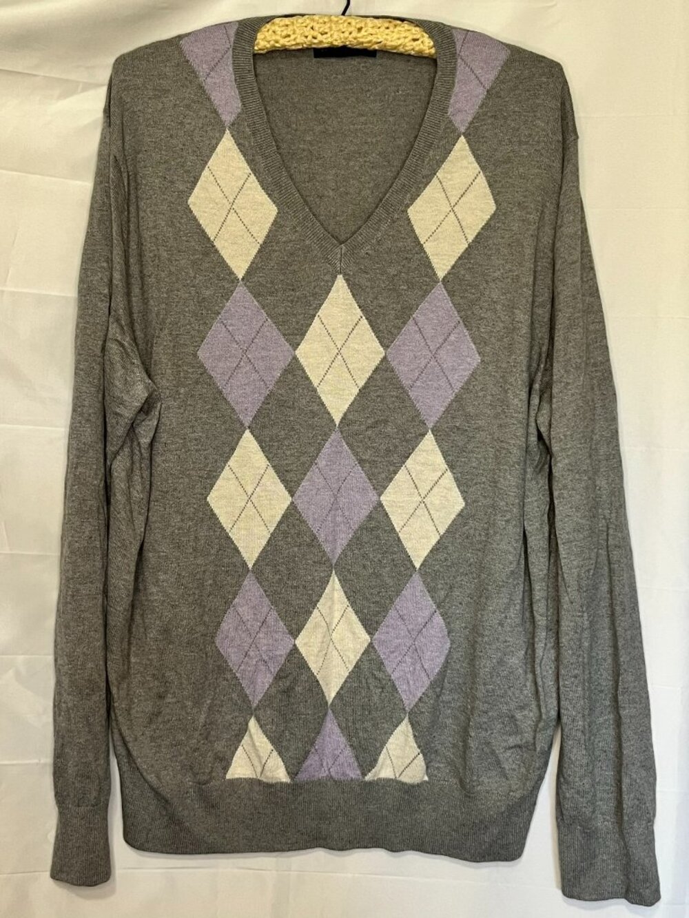 Banana Republic Men's V-Neck Sweater Gray Purple Argyle Cotton Cashmere XL